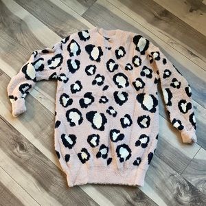 Fuzzy animal print sweater dress.